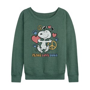 Women's - Peanuts - Peace Love Dogs Lightweight French Terry Wide Neck Long Sleeve Shirt - 1 of 4