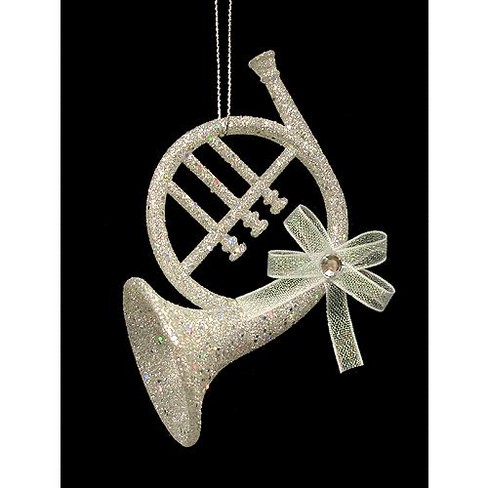 KURT ADLER GOLD & SILVER GLITTER FRENCH HORN MUSICAL INSTRUMENT XMAS ORNAMENT 
