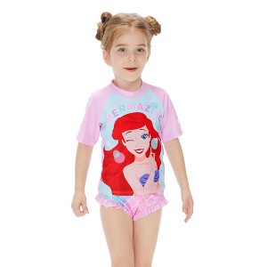 Disney Princess Belle 2 Piece Tankini Swimsuit Set Toddler Girl Rash Guard UPF 50+ Swimwear Summer Ruffle Swim Suit - 1 of 4