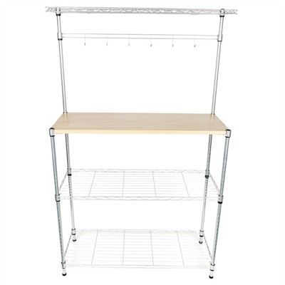 SEVOBAL Kitchen Storage Four Tier Silver Powder Coating Bakers Rack with MDF Board and Hanging Rods, Silver, 35.83"*14.17"*5.31"