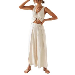 Women's Plain Drawstring Sleeveless Crop Top and Wide - Leg Split Trousers Set - 1 of 4