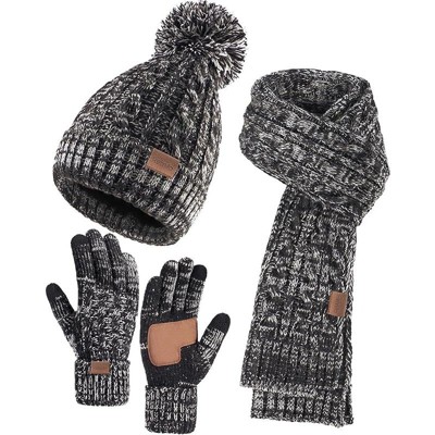ZUPPAD Winter Hat Scarf Gloves Set for Women, 3 PCS Pom Pom Beanie Hat Touchscreen Glove Long Neck Kint Scarf Christmas Gifts