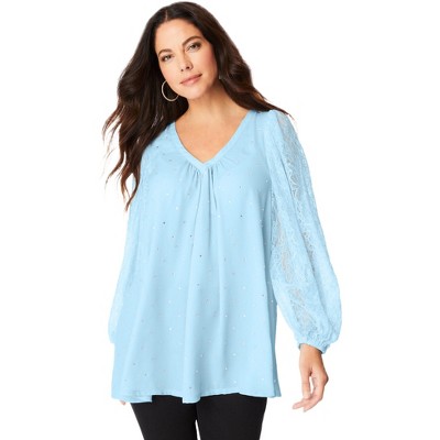 Roaman's Women's Plus Size Lace And Georgette Rhinestone Top.