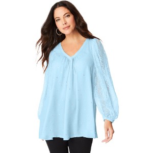Roaman's Women's Plus Size Lace And Georgette Rhinestone Top. - 1 of 4