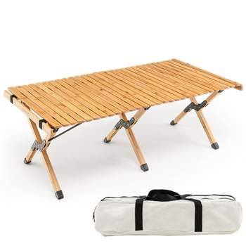 Tangkula Folding Wooden Camping Table Portable Picnic Table w/ Carry Bag Roll-up Bamboo Tabletop Outdoor Travel Camping Table Natural/Coffee