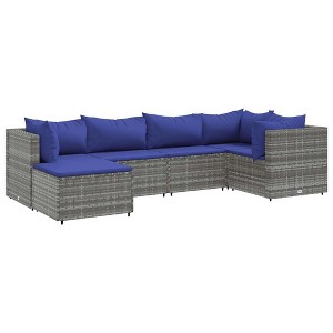 vidaXL Patio Lounge Set with Cushions Sectional Sofa Garden Backyard Poly Rattan - Gray and Blue 3x Corner 2x Middle Footrest - 1 of 4