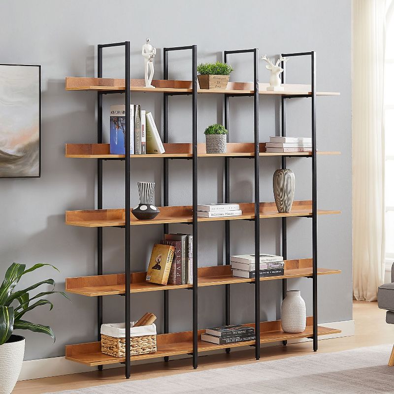 5 Tier Bookcase Home Office Open Bookshelf, Vintage Industrial Style Shelf Wood and Metal Etagere Bookshelves for Home Decor Display-The Pop Home, 2 of 12