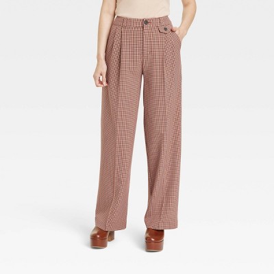 Women's High-Rise Relaxed Fit Full Length Baggy Wide Leg Trousers - A New  Day™ Brown Plaid 2