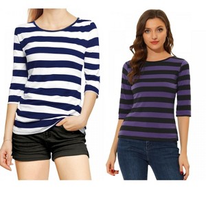 Allegra K Women's Elbow Sleeves Round Neck Slim Fit T-Shirt 2 Packs - 1 of 4