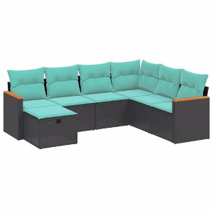 vidaXL Patio Sofa Set with Cushions, 7-Piece Black Poly Rattan Outdoor Furniture, Modular Design, Padded Blue Cushions, Weather-Resistant - 1 of 4
