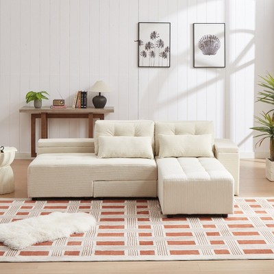 TiramisuBest Convertible 3 in 1 Sleeper Sofa and Sectional Sofa with 4 Storage Space for Living Room,Corduroy Couch With 4 pillows,Corduroy