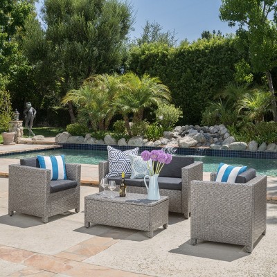 Outdoor 4 Pieces Garden Furniture Set,Rattan Metal Sectional Sofas with Cushions,Wiker Patio Conversation Sets with Coffee Table-Coolbibila