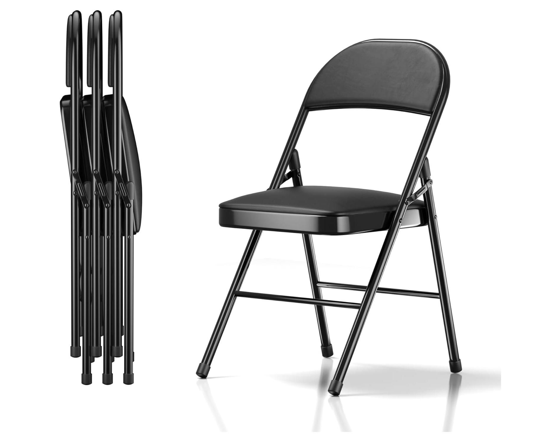 VECELO 4-Pack Folding Chairs with Ultra-Soft Black PU Padded Cushion Seats, Portable Metal Frame, 300 lbs Capacity, No Assembly Required, Ideal