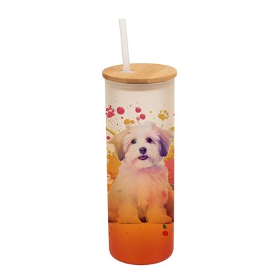 100 North 25 Ounce Frosted Glass Gradient Travel Tumbler With Straw & Wooden Lid, Havanese Dog Paint Splatter Orange