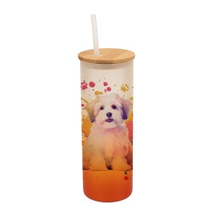 100 North 25 Ounce Frosted Glass Gradient Travel Tumbler With Straw & Wooden Lid, Havanese Dog Paint Splatter Orange - 1 of 4