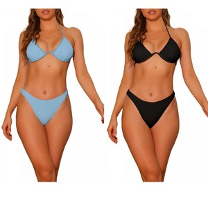 Elerevyo Women's Halter Underwire Ribbed Bikini Sets, 2 Piece Double Straps Tie Back Triangle Bottoms Swimwear Bathing Suits 2 Sets - 1 of 4