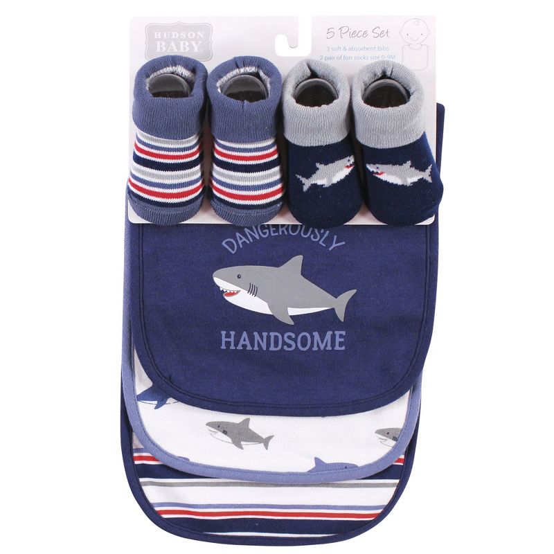 Hudson Baby Infant Boy Cotton Bib and Sock Set, Handsome Shark, One Size, 3 of 8