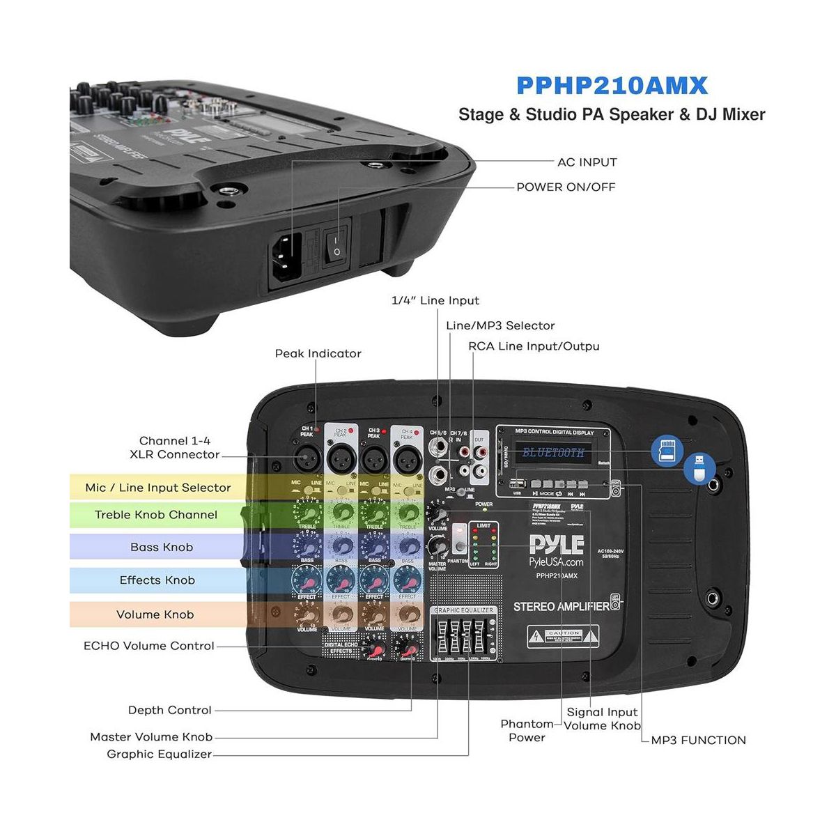 Pyle 10" Bluetooth PA Speaker & DJ Mixer Kit with LED Lights, 8-Ch. Mixer, and Microphone - PPHP210AMX - thumbnail 2