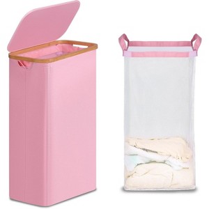 Laundry Basket with Lid, Narrow Laundry Hamper with Removable Bag, Skinny Dirty Clothes Basket with Bamboo Handles - 1 of 4