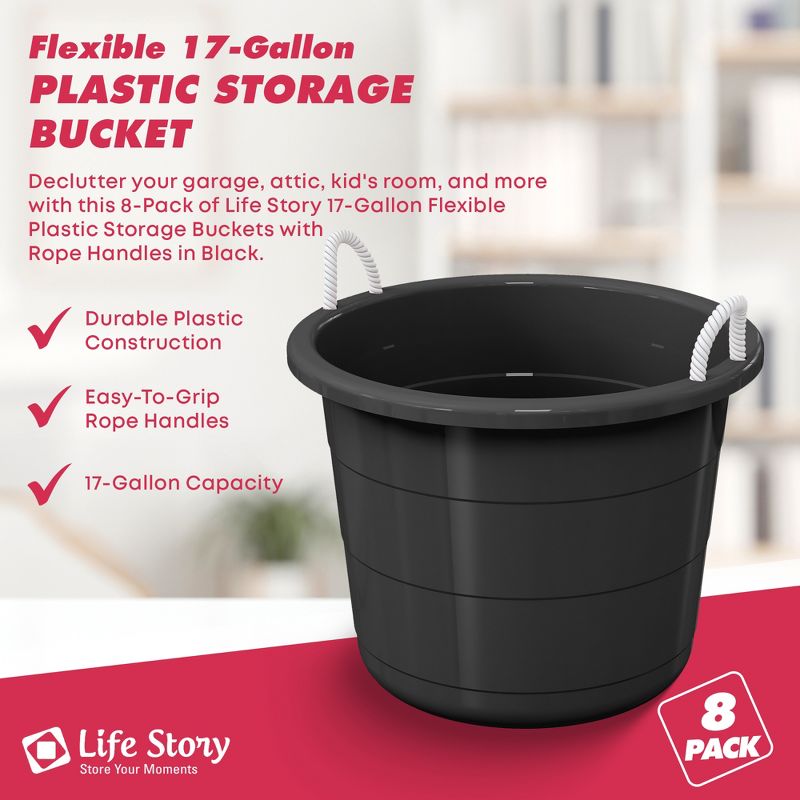 Life Story Large 17 Gallon Flexible Plastic Storage Bucket Container with Easy Grip Rope Handles for Indoor and Outdoor Storage, Black, 8 Pack, 3 of 7