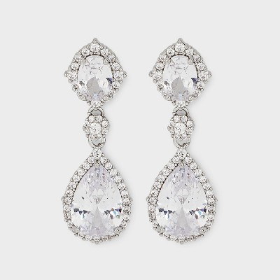 Cubic Zirconia Teardrop Stone Earrings - Silver
