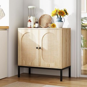 Sideboard Buffet Cabinet, Wooden Storage Cabinet with Natural Rattan Doors, Double-layer Sideboard with Solid Metal Feet,  for Hallway, Living Room - 1 of 4