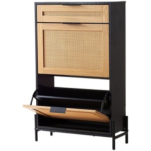 Munora Rattan Shoe Cabinet - 2 Flip Rattan Drawers + 1 Slide Drawer, Metal Legs - Slim Entryway Organizer for Shoes (Black) - 1 of 4
