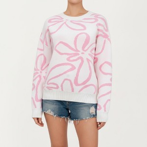 Anna-Kaci Women's Abstract Floral Pattern Knit Sweater with Soft Crew Neckline and Relaxed Long Sleeve Pullover Design - 1 of 4