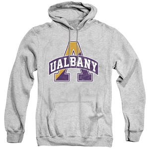 University at Albany Official Distressed Primary Adult Pull-Over Hoodie, Athletic Heather - 1 of 4