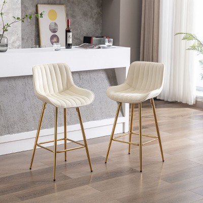 PAGED Set of 2 Bar Stools with Chrome Footrest, Velvet Fabric Counter Stool with Golden Leg, Kitchen Chairs for Home Pub