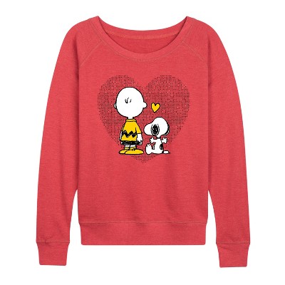 Women's - Peanuts - Charlie Snoopy Dot Heart Lightweight French Terry Wide Neck Long Sleeve Shirt