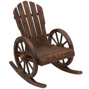 Wooden Rocking Chair, Adirondack Rocker Chair w/Slatted Design and Oversized Back, Outdoor Rocking Chair with Wagon Wheel Armrest for Porch, Poolside - 1 of 4