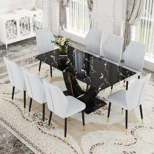 NicBex Dining Table Set for 8 Dining Room Table Set Black Marble Pattern Tempered Glass Dining Table Set with 8 PU Chairs for Dining Room - 1 of 4