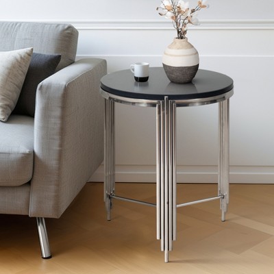 Modern Accent Side Table with Stone Top and Metal Frame - Contemporary Round Accent Design Adds Style to Any Home Decor - 23", Black