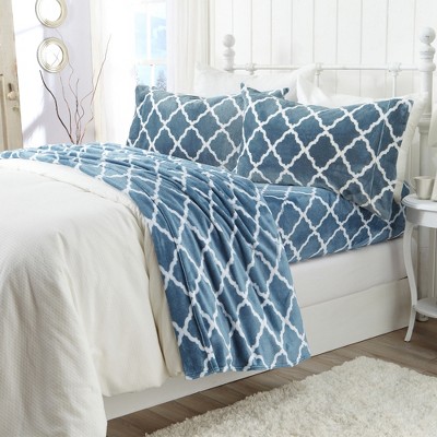 King Smoke Blue and White Microfiber Plush Sheet Set