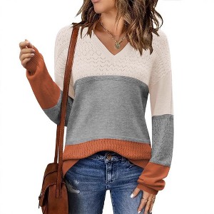 Coolmee Womens Fall Sweaters Casual Long Sleeve Ribbed Knit Pullover V Neck Lightweight Crochet Pullover Sweater Top - 1 of 4