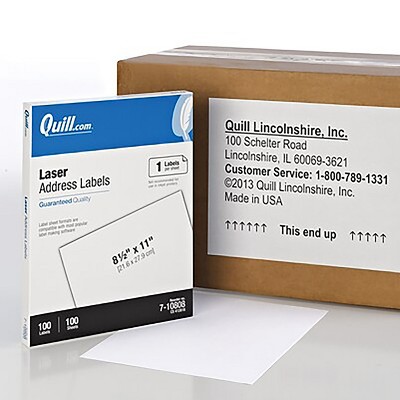 Quill Brand Laser Address Labels 8-1/2" x 11" WE 1 Label/Sheet 100 Sheets/Box 710808