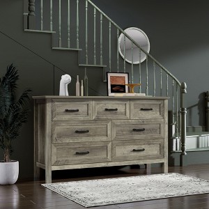 52 Inch Wide Farmhouse 7-Drawer Dresser with Large Metal Handles, Grey Wood Chest of Drawers for Bedroom, Living Room, or Hallway - 1 of 4
