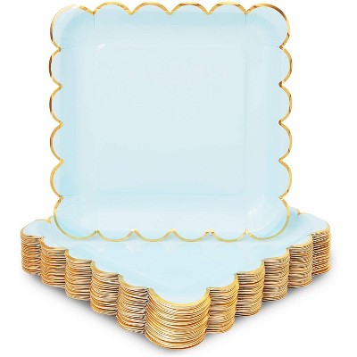 Sparkle and Bash 48 Pack Pastel Blue Square Disposable Paper Plates, Gold Foil Scalloped Edge 9 In