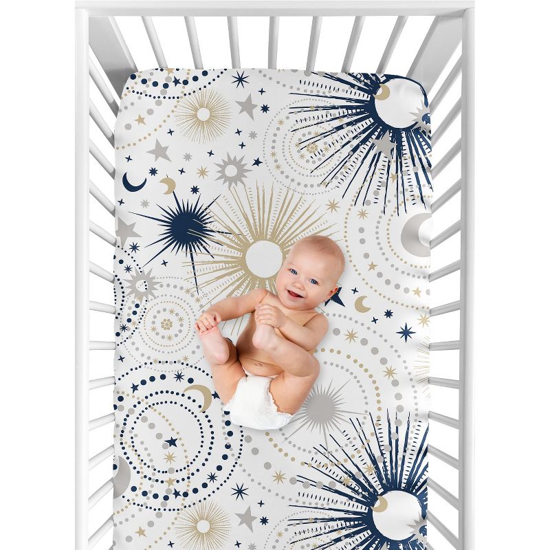 Sweet Jojo Designs Gender Neutral Baby Fitted Crib Sheet Celestial Navy Blue Gold and White, 5 of 8