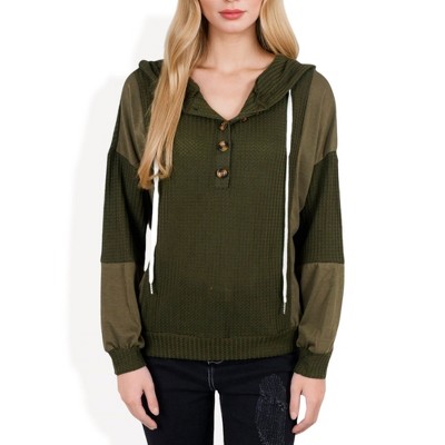 Anna-Kaci Women's Waffle Knit Hoodie with Long Sleeves Featuring Contrast Patchwork Casual Pullover Top