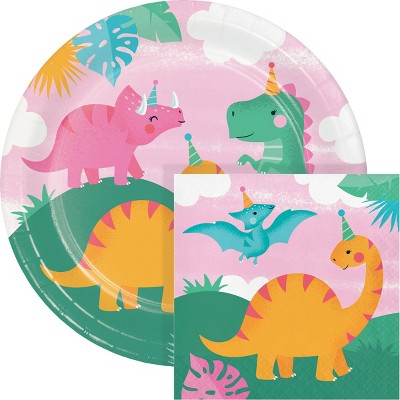 Creative Converting Girl Dino Birthday Party Plates and Napkins 48ct