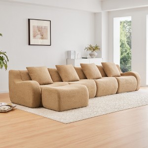 148" L-Shaped Sectional Sofas¨C Teddy Fabric, No Assembly Required Curved Armrest Anti-Slip Base - 1 of 4