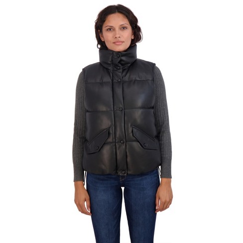 Faux Leather Puffer Coat Vest - Cider