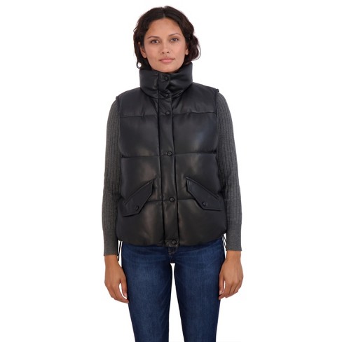 Women's Faux Leather Short Puffer Vest - S.e.b. By Sebby : Target