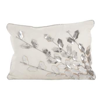 12"x18" Metallic Poinsettia Branch Design Holiday Cotton Poly Filled Lumbar Throw Pillow Silver - Saro Lifestyle