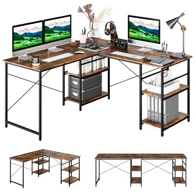 95 Inch 2-Person L-Shaped Long Reversible Computer Desk with Monitor Stand  - Costway