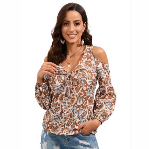 Womens Summer Tops Cold Shoulder Blouse Front Tie V Neck Tops Casual Boho Floral Tunic Blouse Summer Beachwear Vacation Outfits Burnt Orange xl Target