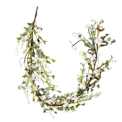 Vickerman 66" Artificial White Cotton Mixed Greenery Garland.