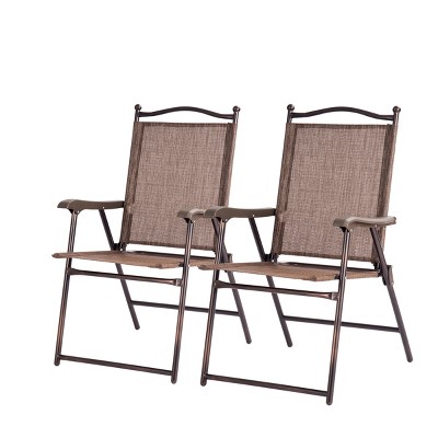 Tangkula 2-Piece Folding Outdoor Patio Chair Sling Back Camping Chair with Armrest & Pillow